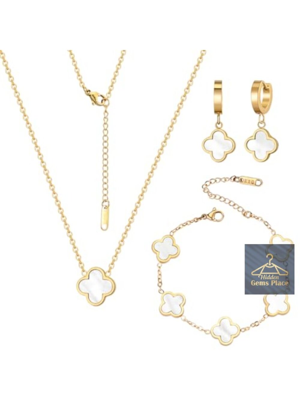 18K Gold Plated Lucky Clover Jewelry Set - Bracelet Necklace Earrings -